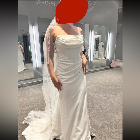 Stretch Crepe Sculpted Cowl Sheath Wedding Dress - Picture 5 of 10